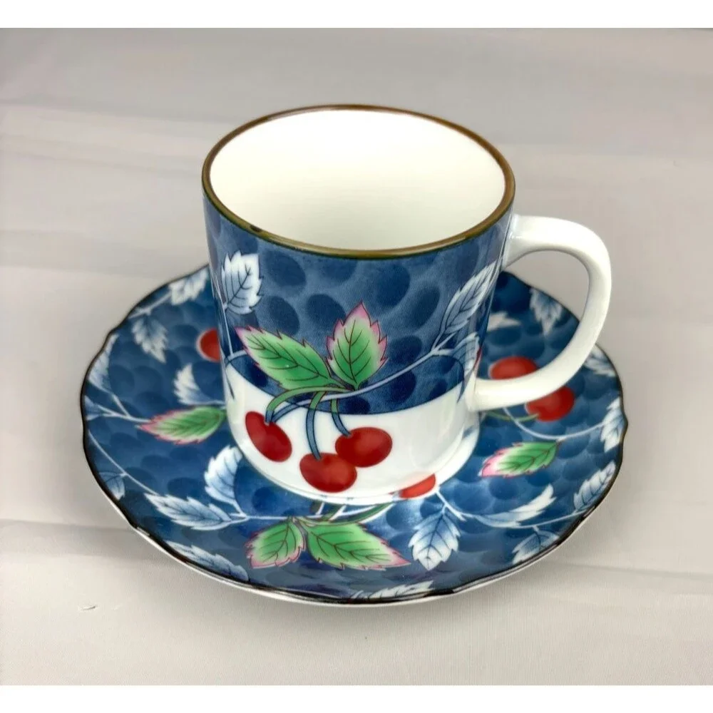 Williams Sonoma Cup & Saucer (set of 5) Red Cherries, White, Blue, WSO22